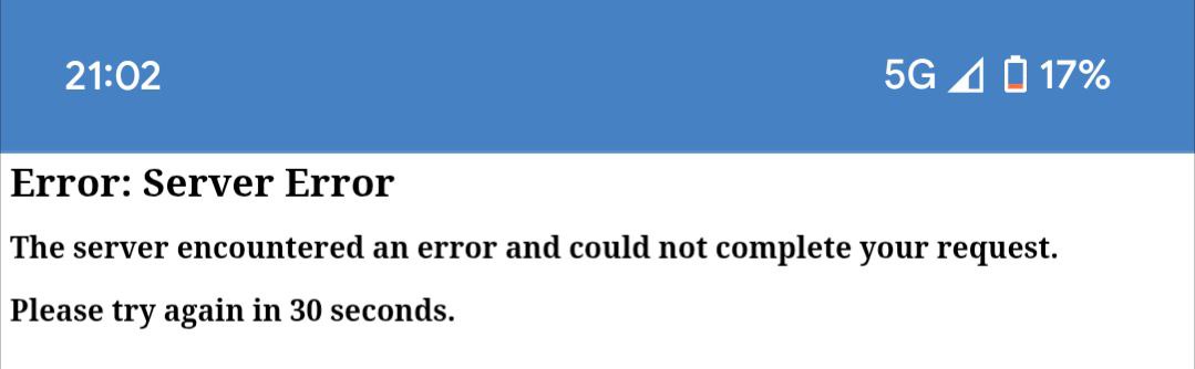 Screenshot of the PWA server error.